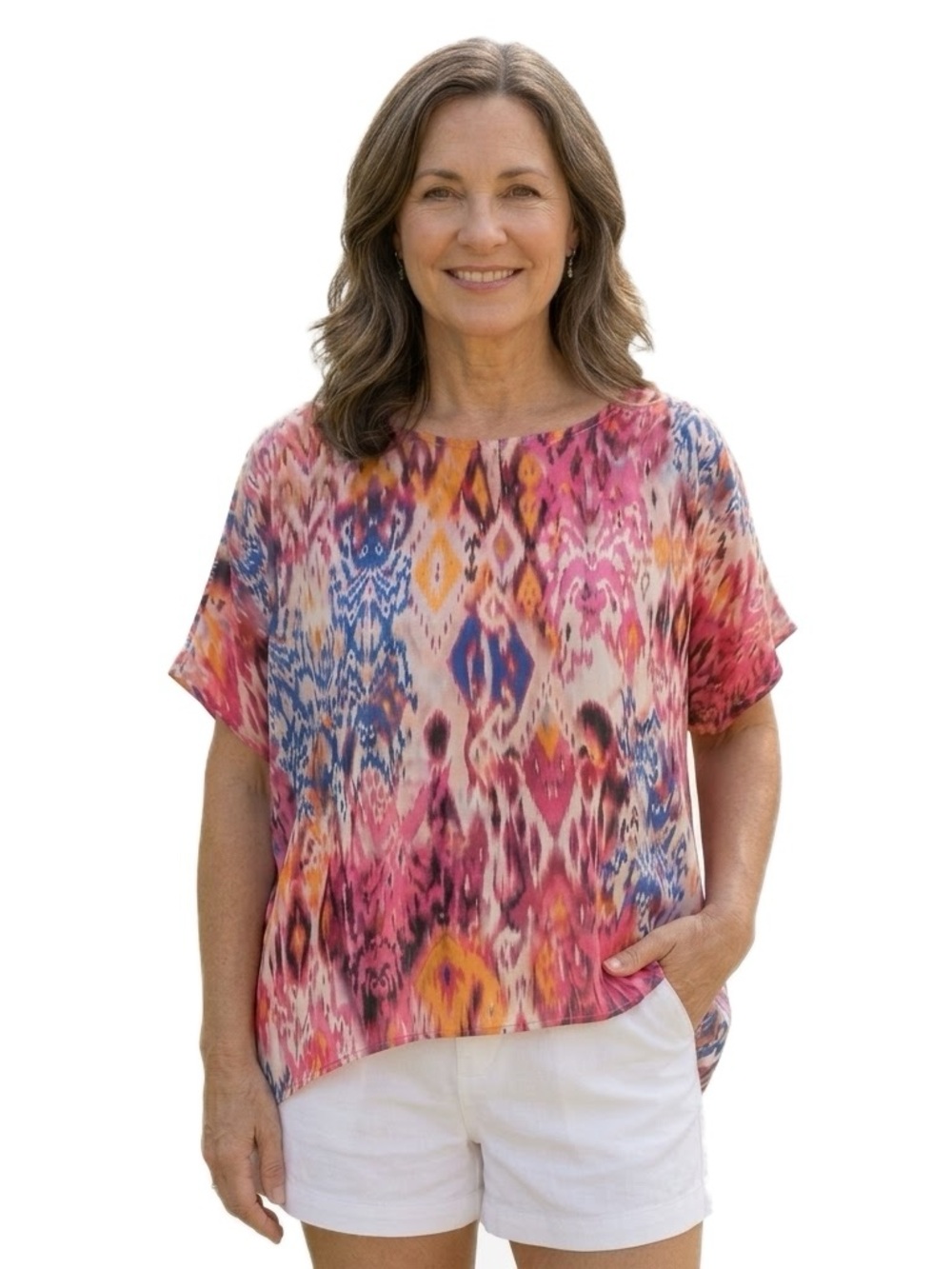 Chico’s Pink, Blue, Orange, Yellow Boho Abstract Ikat Print Tunic Top